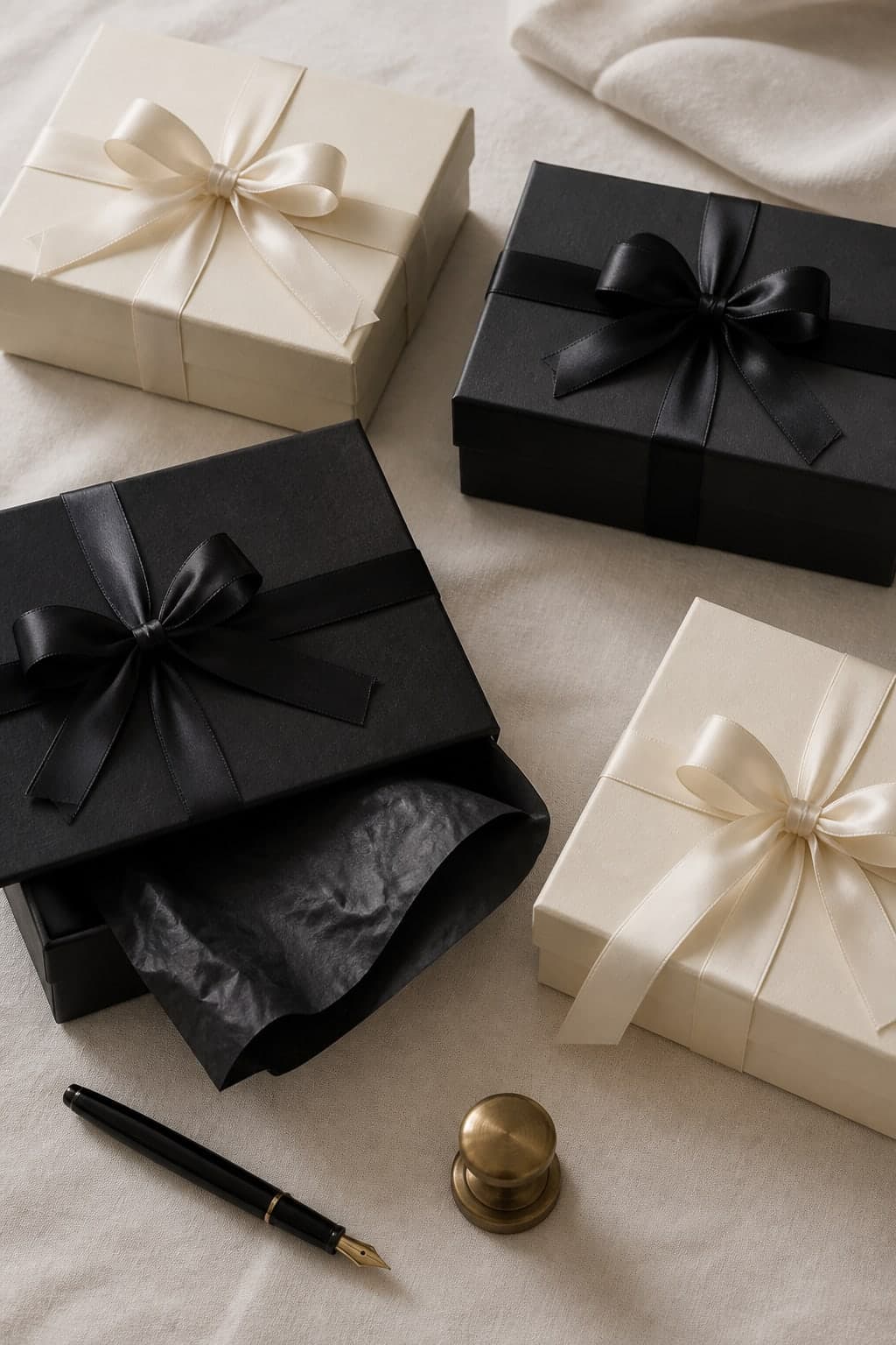 Overhead still life of cream and charcoal gift boxes with ribbon.