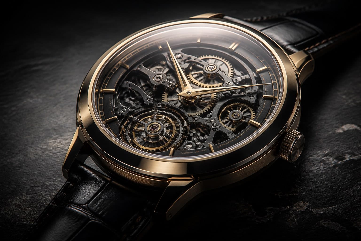 Close-up of a mechanical watch on black stone, photographed for the Richfields project.